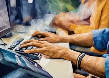 A customer service person working on a computer at a corporate service desk