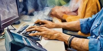 A customer service person working on a computer at a corporate service desk