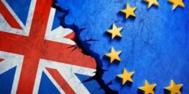 A British flag colliding with an EU flag