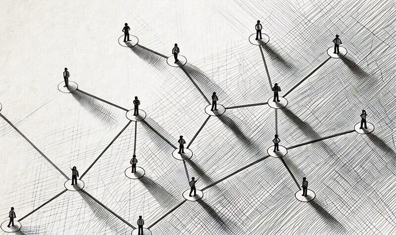 A group of people interlinked demonstrating how a social network works