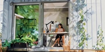 A women working out of her new outdoor office built with a shipping container