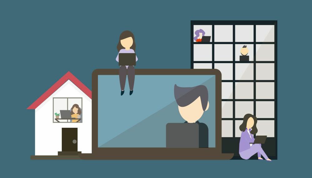 Cartoon of different employees working in flexible ways ie from home, via laptop