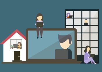 Cartoon of different employees working in flexible ways ie from home, via laptop