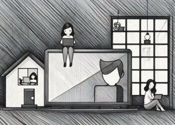 Cartoon of different employees working in flexible ways ie from home, via laptop