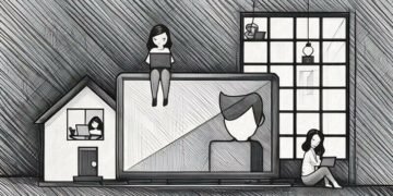 Cartoon of different employees working in flexible ways ie from home, via laptop