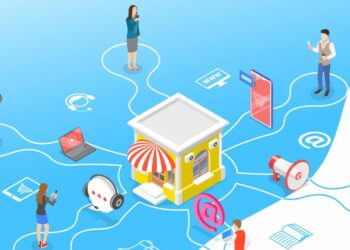 A representation of the different types of marketing channel that can lead to a sale at a depiction of a retail store