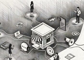 A representation of the different types of marketing channel that can lead to a sale at a depiction of a retail store