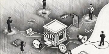 A representation of the different types of marketing channel that can lead to a sale at a depiction of a retail store
