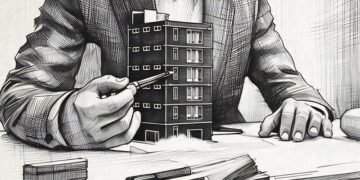 Man showing a commercial property as an example to his business partner with a pen.