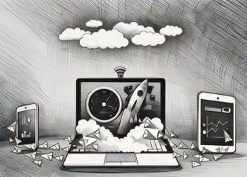 Computer, phone and tablet illustrated with addition of a rocket, speed metrics and data flowing as a representation a internet speed boost.