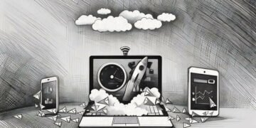 Computer, phone and tablet illustrated with addition of a rocket, speed metrics and data flowing as a representation a internet speed boost.