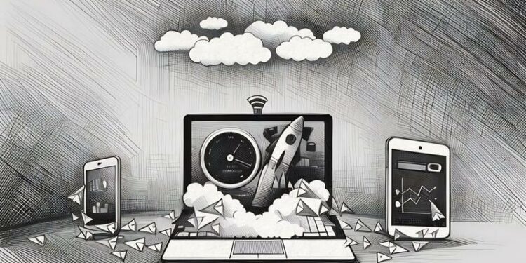 Computer, phone and tablet illustrated with addition of a rocket, speed metrics and data flowing as a representation a internet speed boost.