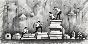 Books forming steps with employees at the top helping other employees get the top, demonstrating the struggle to gain knowledge