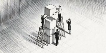 A team of empoloyees on ladders and the floor building a series of puzzle boxes, demonstrating team work