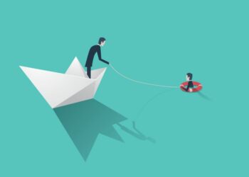 A man in a paper boat rescuing a business person from a lake