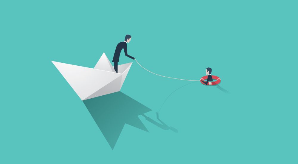 A man in a paper boat rescuing a business person from a lake
