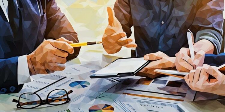 People on a meeting working on a strategy to improve retail sales looking at their tablet and papers.