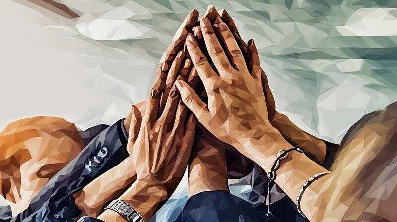 A team of people high fiving as a creative winning team.