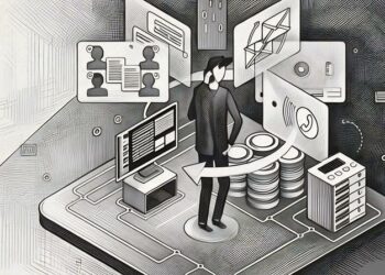 A graphic of a series of communications channels working in unison with a business person at the center