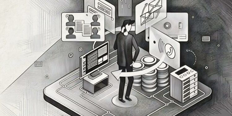 A graphic of a series of communications channels working in unison with a business person at the center