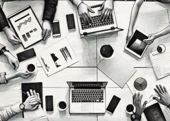 Picture of peoples hands with their laptops, tablets and notebooks in a meeting regarding workforce management.
