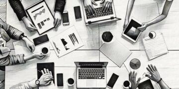Picture of peoples hands with their laptops, tablets and notebooks in a meeting regarding workforce management.