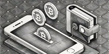 A phone screen with Bitcoin coins being slotted into it and sent to a wallet, visual representation of sending Bitcoin