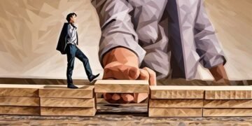 A tiny man walking across wooden blockks, with a giant hand and finger coming in about to trip him as he walks happily along (in essence physical danger in the office is everywhere)