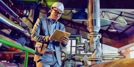 Businessman in a gas and electricity factory looking at the statistics wearing a protection helmet.