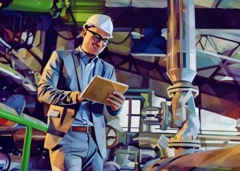 Businessman in a gas and electricity factory looking at the statistics wearing a protection helmet.