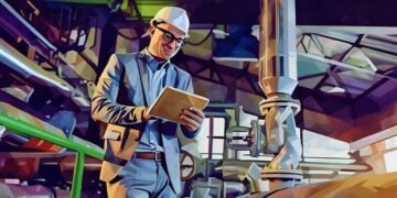 Businessman in a gas and electricity factory looking at the statistics wearing a protection helmet.