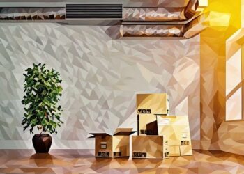 Packed boxes and a plant in an empty office space ready to be moved to the new office.