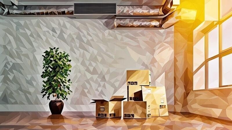 Packed boxes and a plant in an empty office space ready to be moved to the new office.
