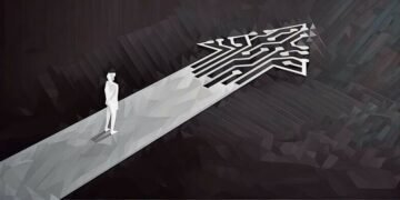 An arrow with a person walking towards the end of it, with digital wires coming out