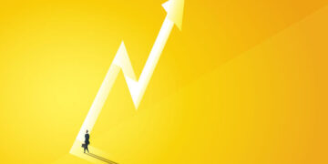 A growth arrow heading upwards, with a man entering it at the base