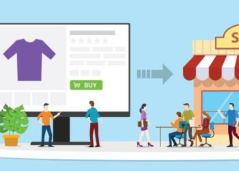 A physical shop next to a depiction of an eCommerce store