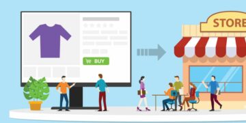 A physical shop next to a depiction of an eCommerce store