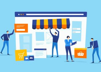 A series of cartoon figures putting together an eCommerce shop using metaphorical icons for different elements ie shopping cart