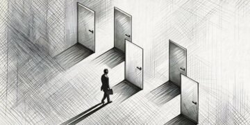 A series of doors with one highlighted, will the business person make the right decision