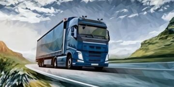 A large 16-wheel truck hurtling along a road to deliver commercial goods across country