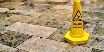 A yellow caution cone on slippery wet pavement outside the business