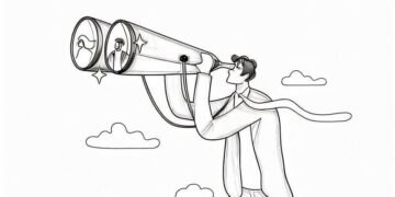 A man with oversized binoculars searching in the distance for new employees