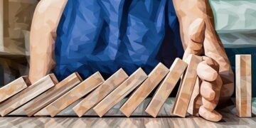 A series of jenga blocks knocking each over and a hand stopping the lack block falling