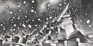 A mountain of piled up books being pulled into the sky to be organised into accessible knowledge
