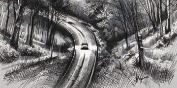 A single car with it's lights shot on, shot from above going through a dark highway late at night, showing risk.