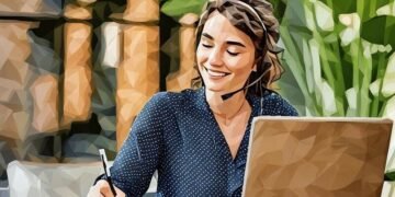 A customer service rep smiling and writing down some client notes while on the phone