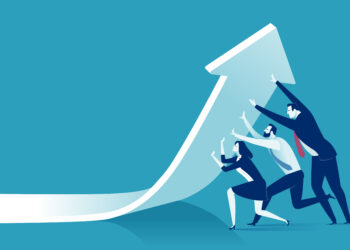 Entrepreneurs holding up a growth arrow demonstrating resisting challenges