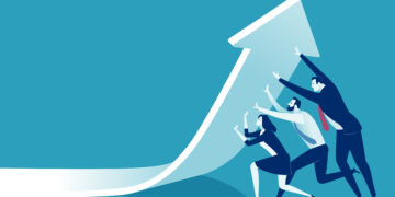 Entrepreneurs holding up a growth arrow demonstrating resisting challenges