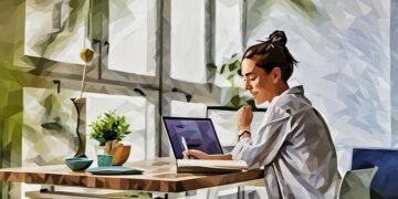 A women working in her perfect home office, light, great futrniture...
