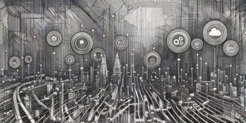 A drawing of a city interconnected by different digital tools